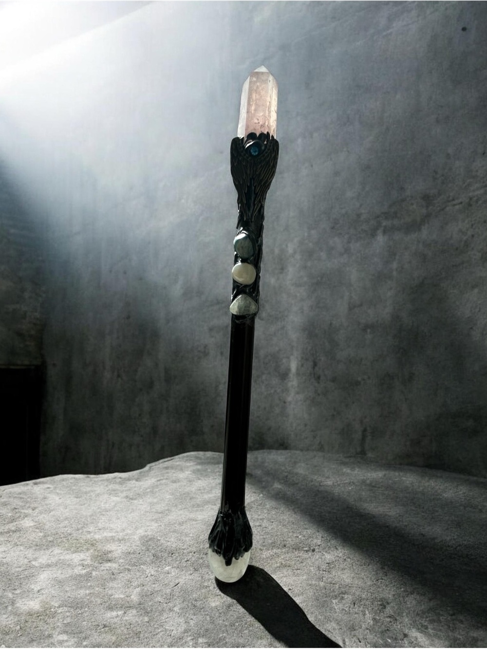 Handheld Crystal Wand with Rose Quartz Point and Black Shaft